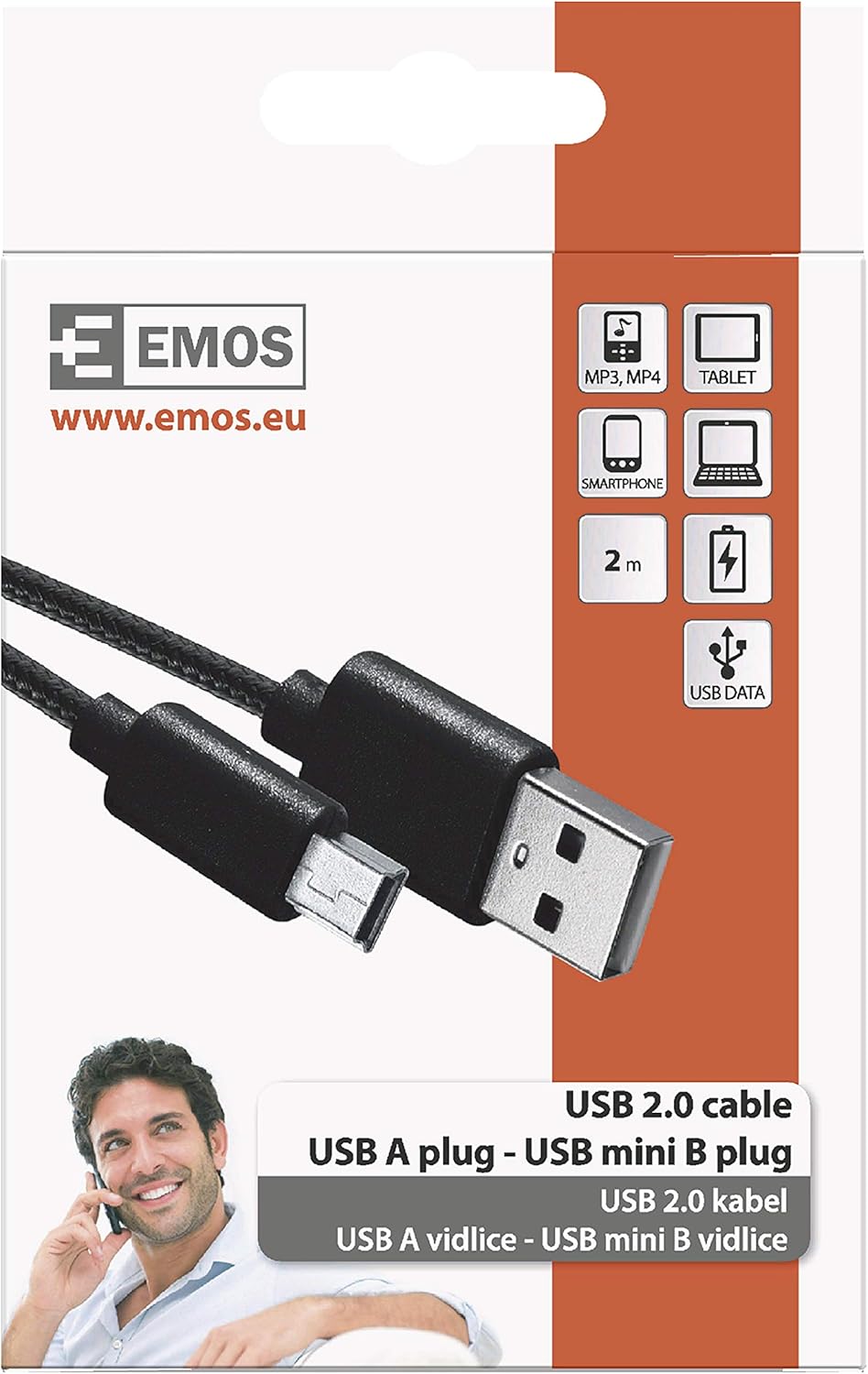 EMOS USB cable 2.0, USB A to mini B plug, 2 A, 2 meter charging cable, for PS3, PS2 controller, black, 2 metri - Image 3