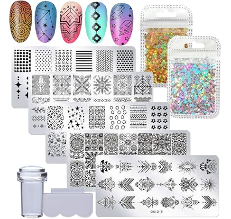 Amazon Com Nail Art Stamping Kit Geometric Flower Mandala Image Nail Stamping Plate Clear Nail Stamper Scaper With Holographic Gold Silver Star Nail Glitter Flakes Star Beauty