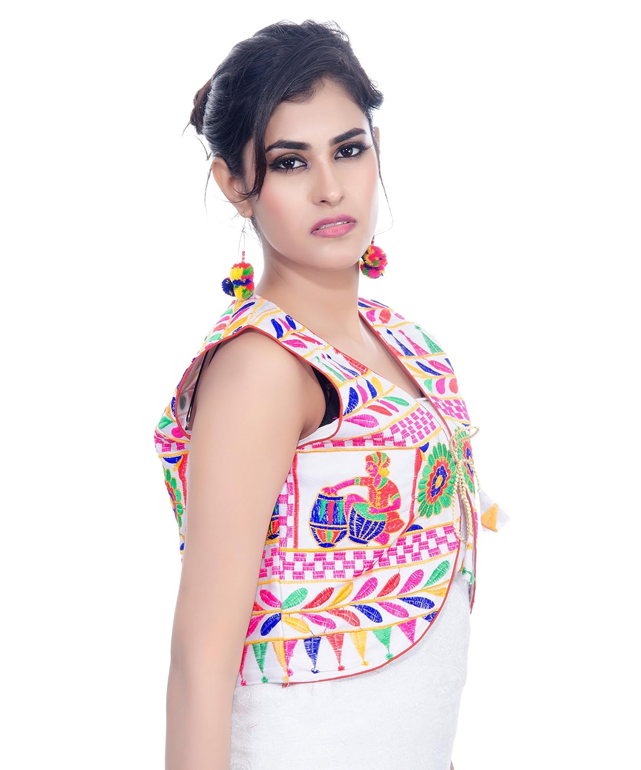 banjara india women's kutchi short jacket dholak (white)