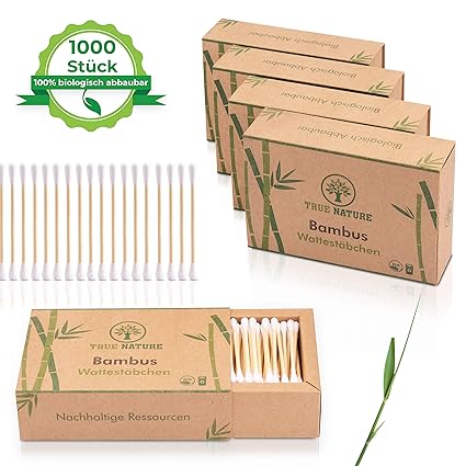 EINFÜHRUNGSANGEBOT [1000 Stück] TRUE NATURE Bambus Wattestäbchen ohne Plastik 5 x 200 | Vegan & Nachhaltig | Alternative Watt