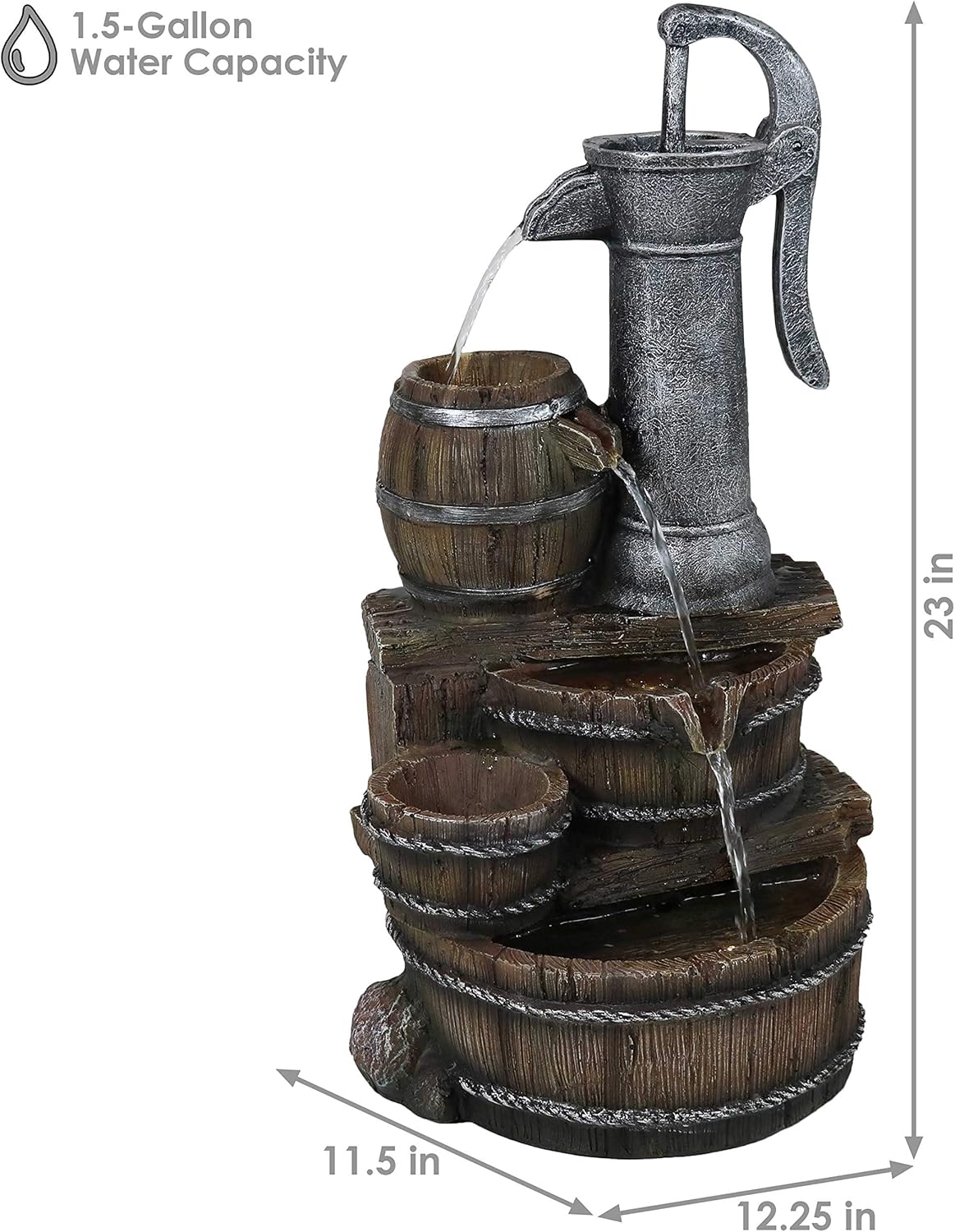 Sunnydaze Cozy Farmhouse Pump and Barrels Outdoor Fountain with LED Lights - Exterior Standing Water Feature - Corded Electric - Ideal for Deck, Yard, Balcony and Landscaping - 23-Inch: Sunnydaze Decor: Kitchen & Dining