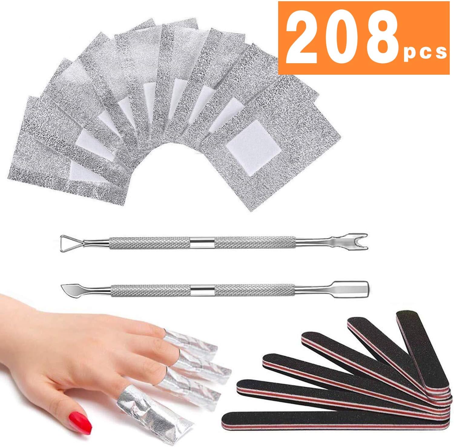 JTIEO 208pcs Nail Polish Remover Gel Polish Remover Soak Off Foils 200pcs Gel Nail Polish Remover With 2 Remove Gel Nail Polish tools And 6 Pack Nail Files Buffer Pedicure Manicure Tool 100/180 Grit