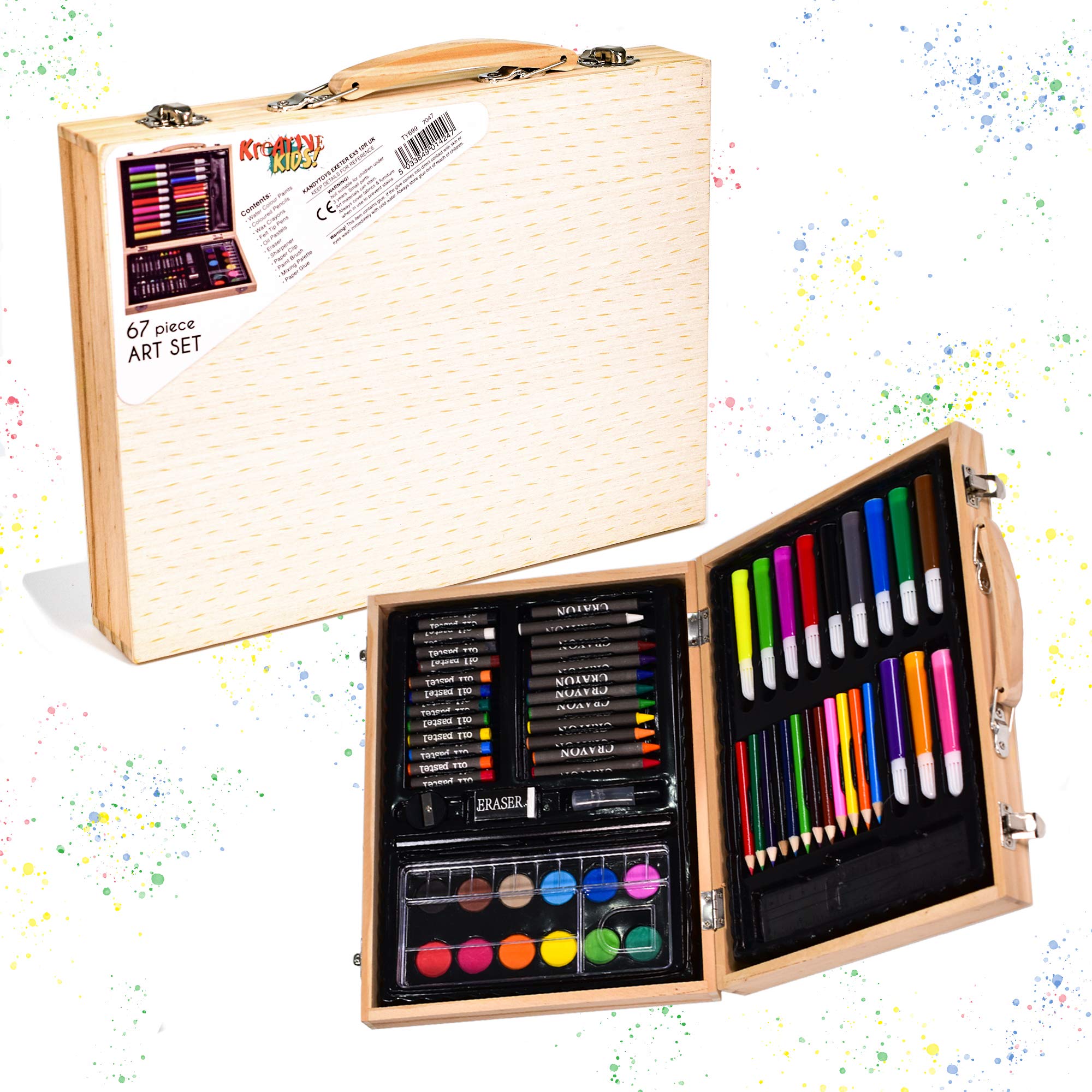 KandyToys Traditional Wooden Artists Set 67 Piece Fold Out Art Box
