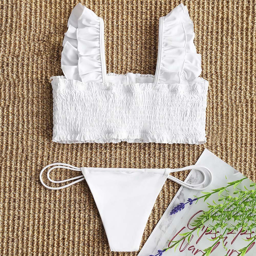 hannea smocked frayed hem bikini top with thong bottoms