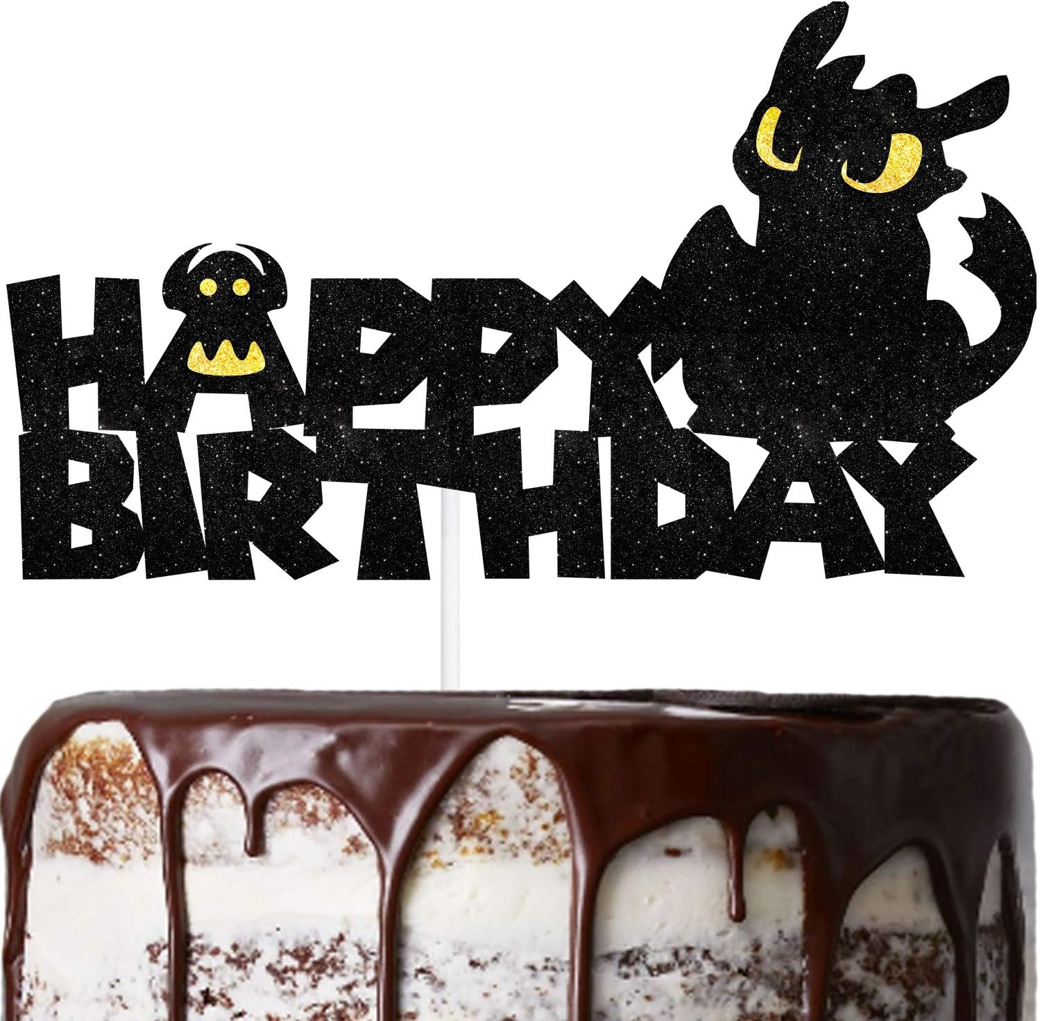 COOSOAR Happy Birthday Dinosaur Cake Topper Black Glitter Cartoon Party Decor Perfect for Baby Shower Child Birthday Party Supplies Decorations