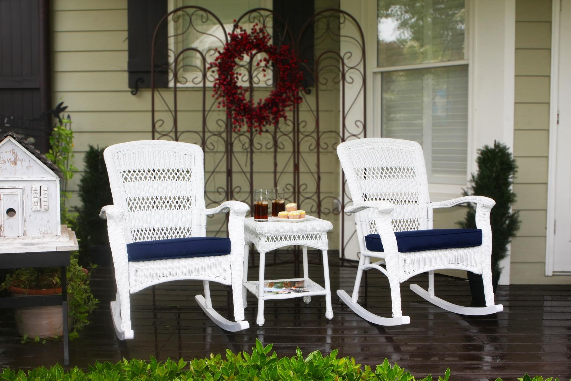 Tortuga Outdoor Portside Plantation 3pc Rocking Chair Set - White, Dark Roast and Amber Wicker with Cushions (White)
