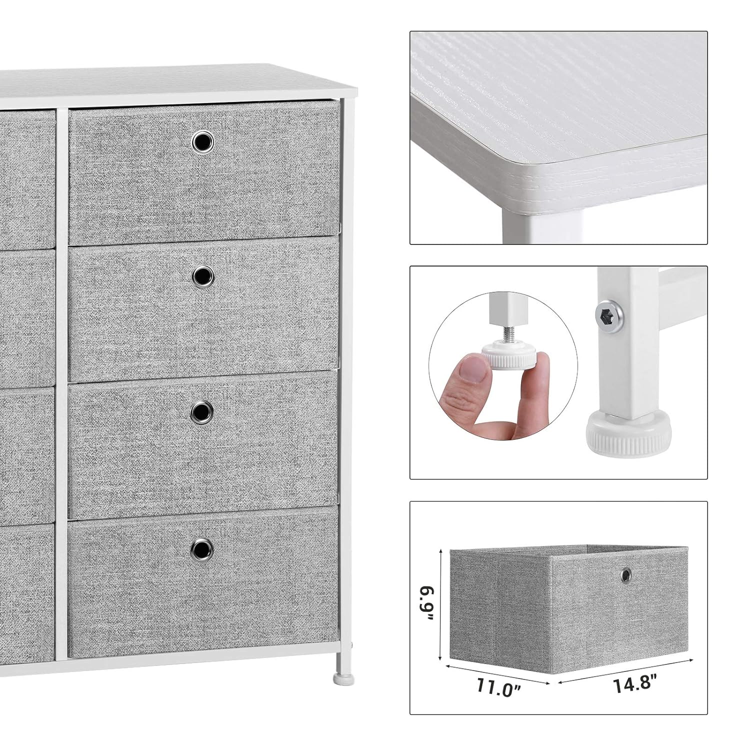 SONGMICS 4-Tier Storage Dresser with 8 Easy Pull Fabric Drawers and Wooden Tabletop for Closets, Nursery, Dorm Room, Light Gray and White ULTS24W -