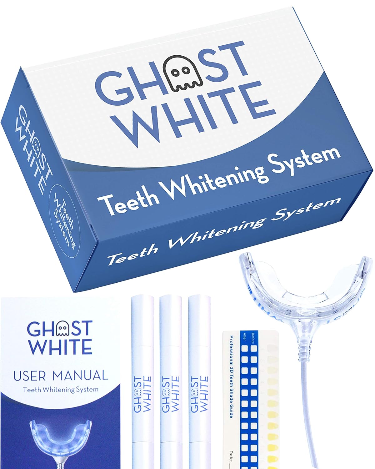 Ghost White Teeth Whitening Kit - Professional LED Light for Whiter Teeth Without Sensitivity, Includes 3 Smart Teeth Whitening Gel Refill Pens, Whitens in Less Than 10 Minutes