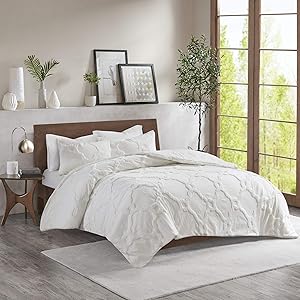 Madison Park Pacey Comforter Reversible Solid Tufted 100% Cotton Chenille Shell Cover Medallion Geometric Shape Soft Down Alternative Hypoallergenic Fill All Season Bedding-Set, Queen, White