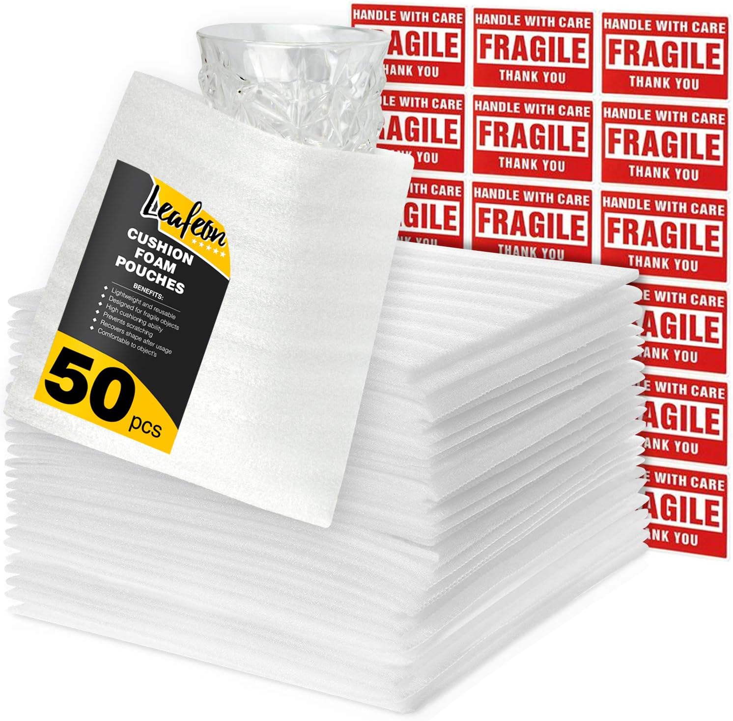 7.5" x 7.5" Foam Wrap Pouches - Cushion Pouches to Protect Dishes, Glasses, Cups, Mugs, Plates and Fragile Items - Foam Pouches Alternative to Air Sheets and Bubble Packing Envelopes - 50 Pack: Office Products