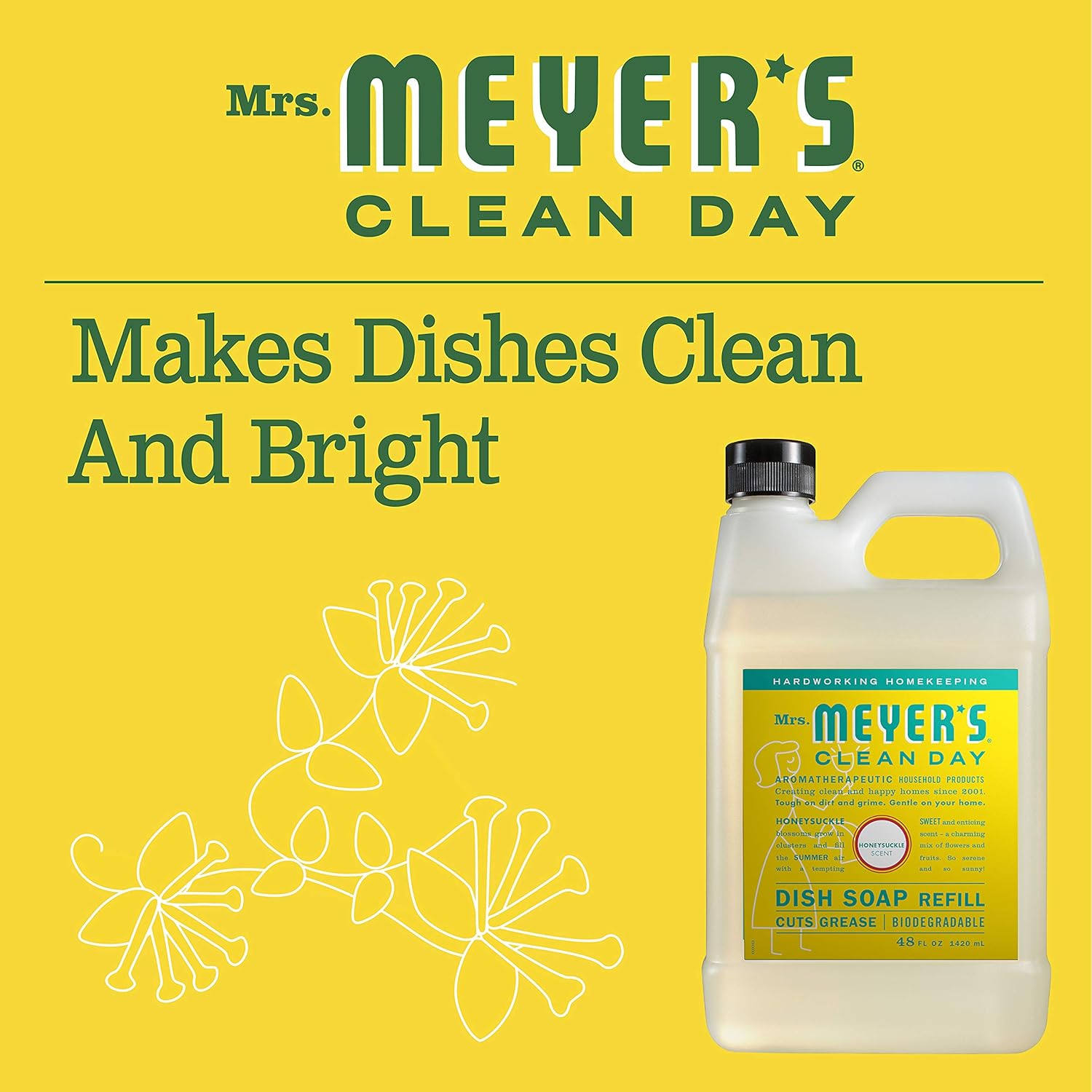 Mrs. Meyer's Clean Day Dishwashing Liquid Dish Soap Refill, Cruelty Free Formula, Honeysuckle Scent, 48 oz: Health & Personal Care