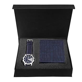 CM-203WL-06 Combo of Mens Blue Dial Day & Date Watch and Blue Wallet