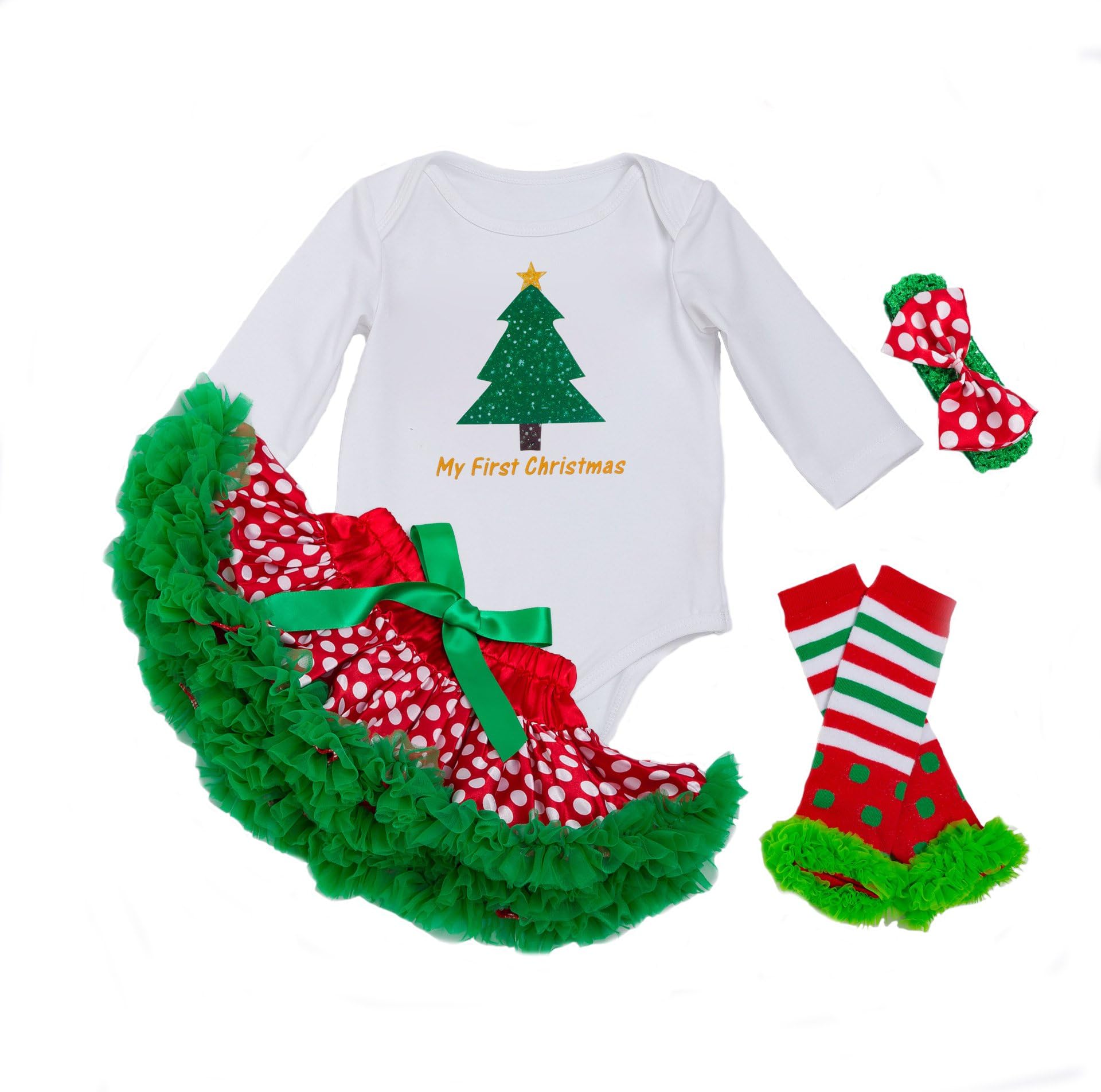 Decstore Baby Girls My First Christmas Costume Party Dress Tutu Outfits 4PCS Set(Tree M)