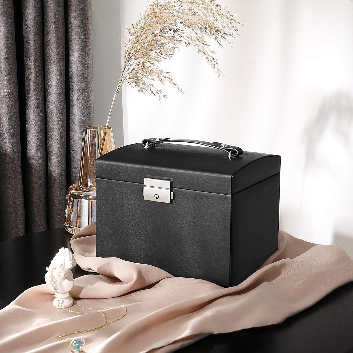 SONGMICS 3-Tier Jewellery Box, Lockable Jewellery Organiser with Handle, 2 Drawers, Travel Jewellery Case with Mirror - Image 3
