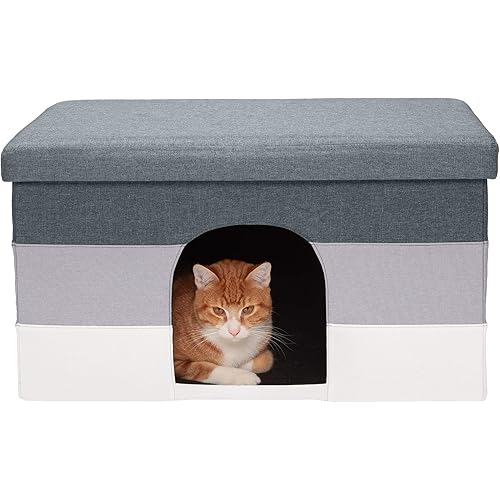 Furhaven Pet - Ottoman and Footstool Living Room Pet House, Felt Cubby Cat Cave Hideaway, and Height Adjustable Kitchen Feeder Stand for Cats and Dogs - Multiple Sizes, Styles, and Colors