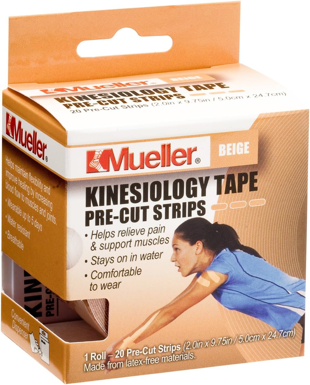 Mueller Sports Medicine Kinesiology Tape Pre-Cut Strips, Beige,20 Strips (2" x 9.75" each)