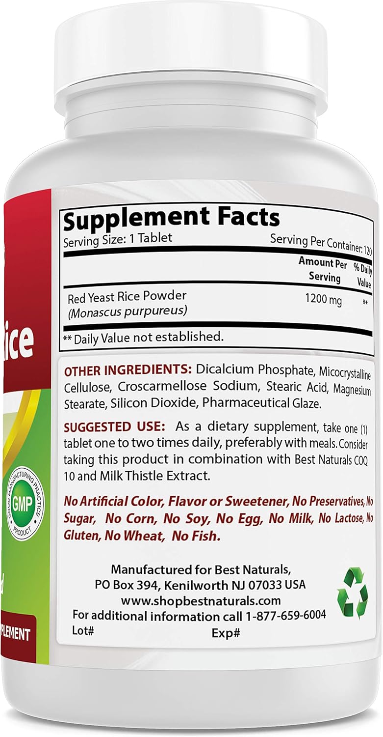 Best Naturals Red Yeast Rice Cholesterol Support 1200 mg (Non-GMO) 120 Tablets: Health & Personal Care