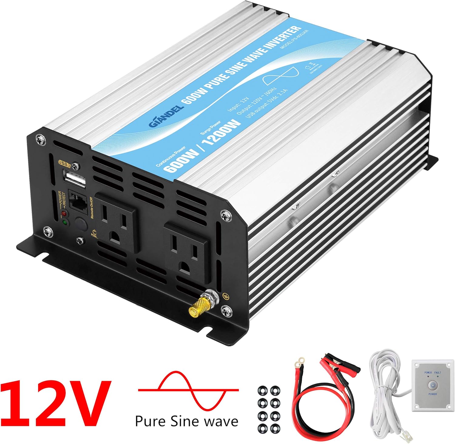 Power Inverter Pure Sine Wave 1200Watt 12V DC to 110V 120V with Remote