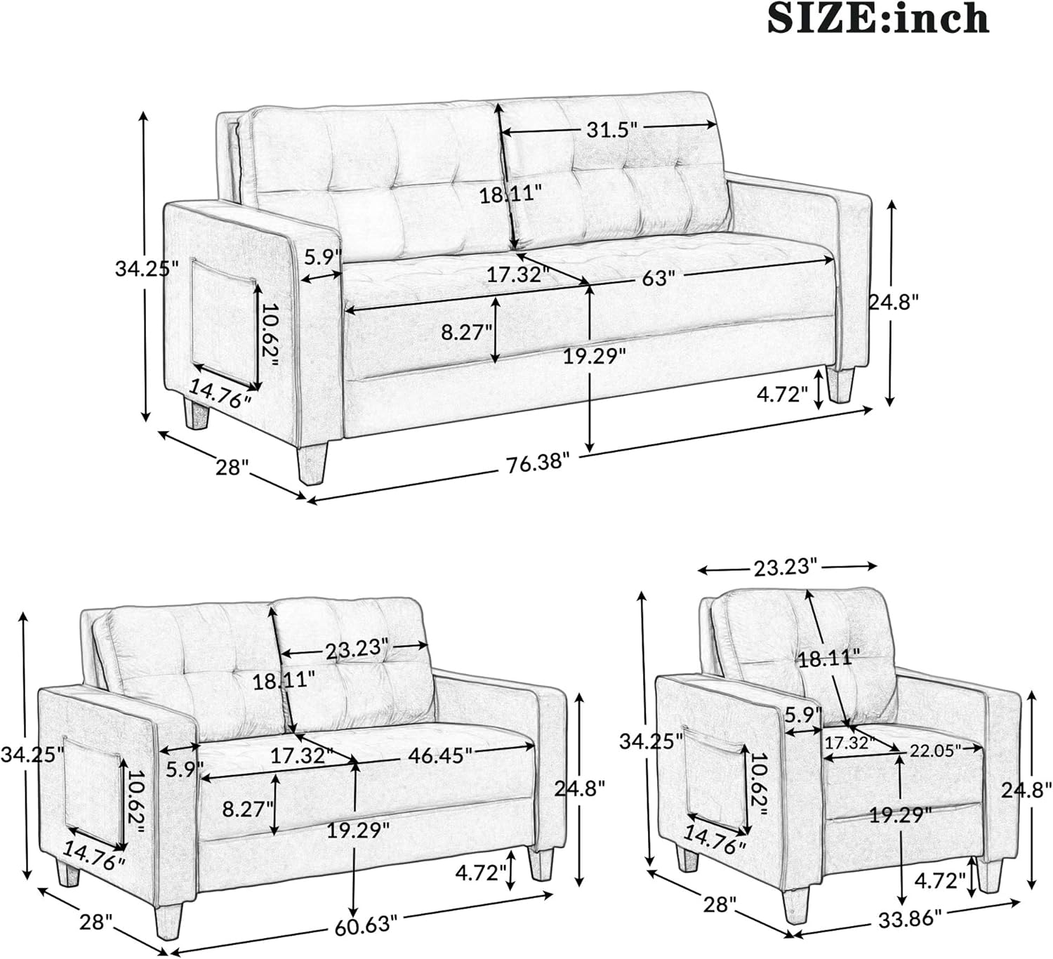 STARTOGOO Couch Piece, Living Room Loveseat Single Chair Sectional Sofa Set Grey (1+2+3-Seat), Black 2: Furniture & Decor
