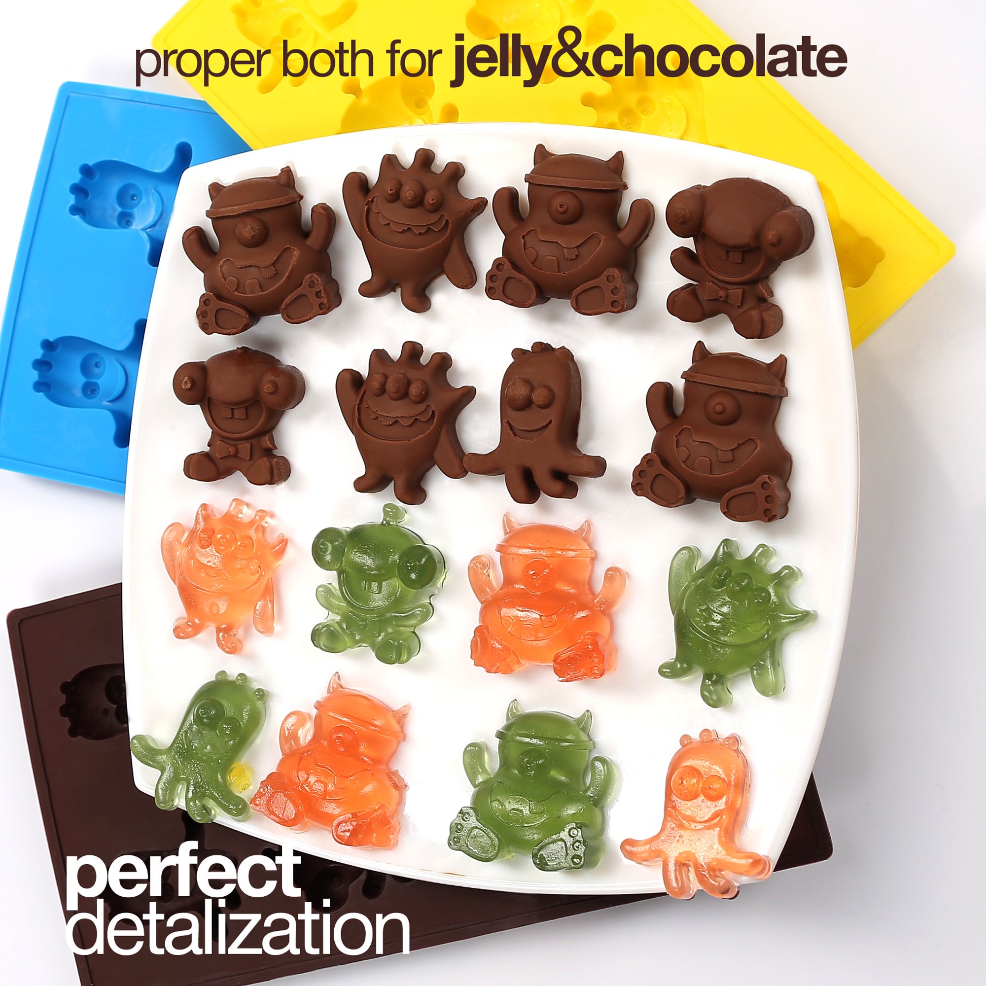 Chocolate Candy Mold Crazy Monsters - Set of 3 for 24 Candies - Non-Stick BPA Free Silicone Gummy Molds, Jelly Molds, Ice Cube Tray, Gelatin Mold, Soap Mold, Fat Bomb Molds