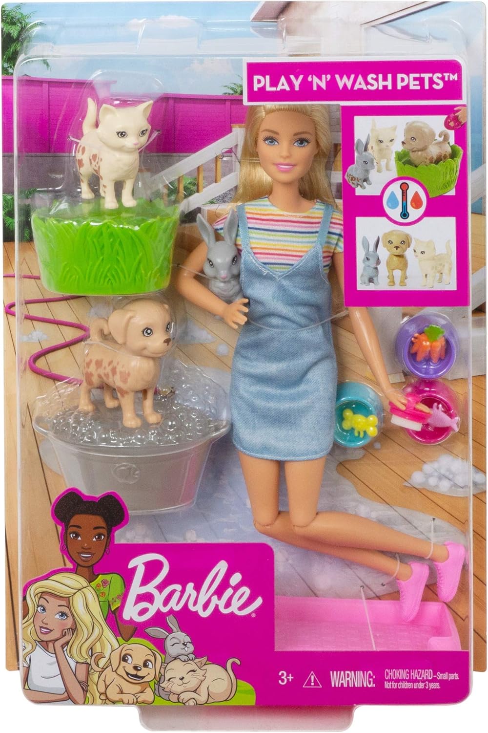 Barbie Play ‘n’ Wash Pets Playset with Blonde Doll, 3 Color-Change Animals a Puppy, Kitten and Bunny and 10 Pet and Grooming Accessories, Gift for 3 to 7 Year Olds: Toys & Games