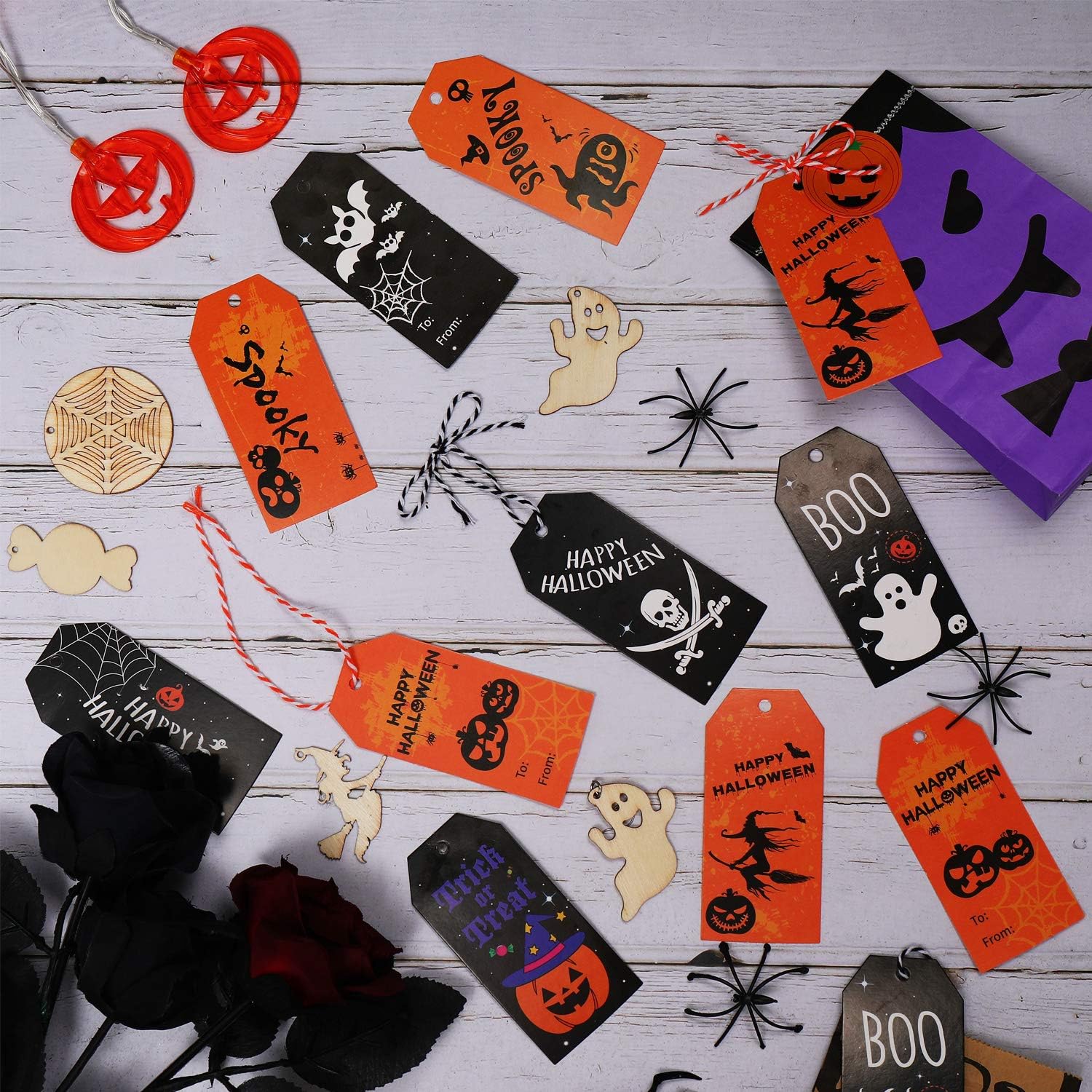200 Pieces Halloween Paper Tags Trick or Treat Craft Label Tags Hang Labels Name Tags with 16 Feet Cotton Rope for Halloween Party Favor, Candy Bag Hanging Card Name Card Decor, 8 Styles: Health & Personal Care