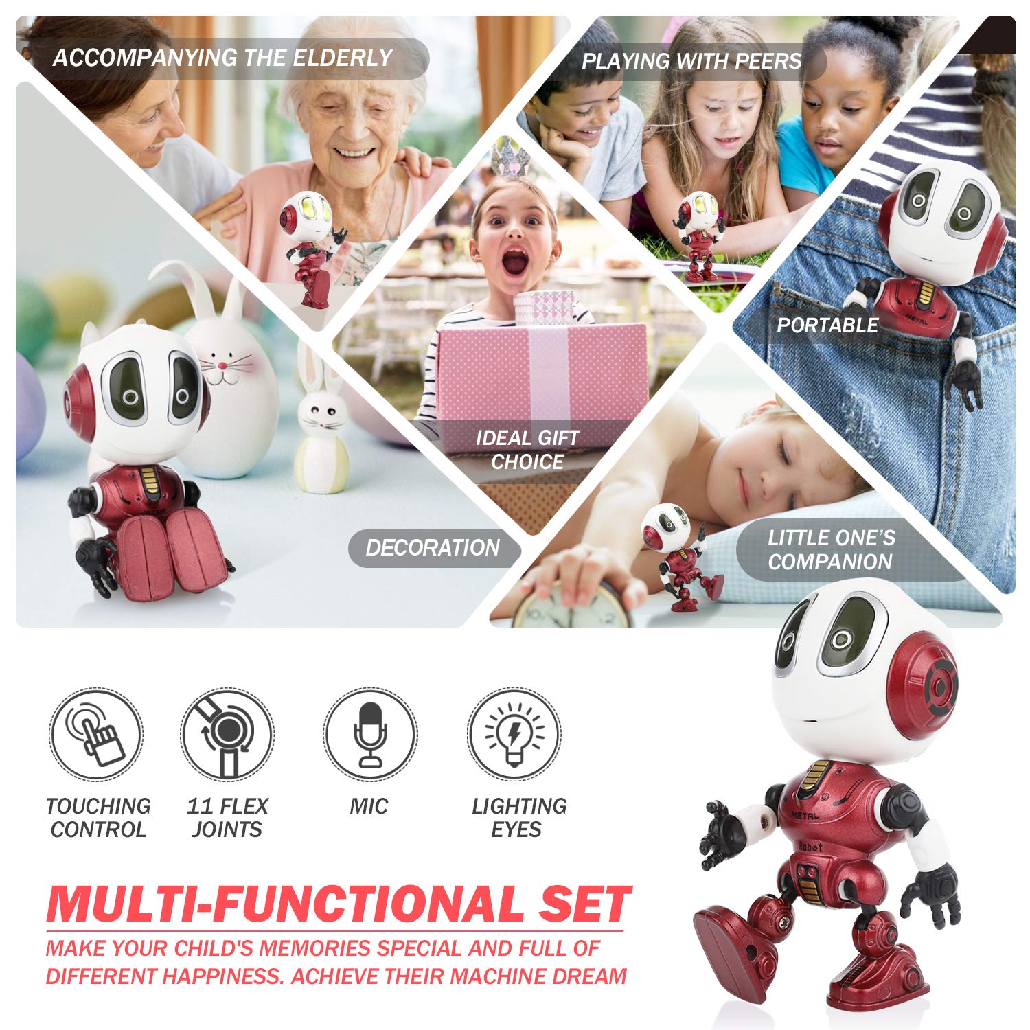 Peradix Recording Talking Interactive Robot with illuminated LED lights and voice repeat function , Robot Toys For boys girls Toddlers Kids Birthday Presents Gifts(Red)
