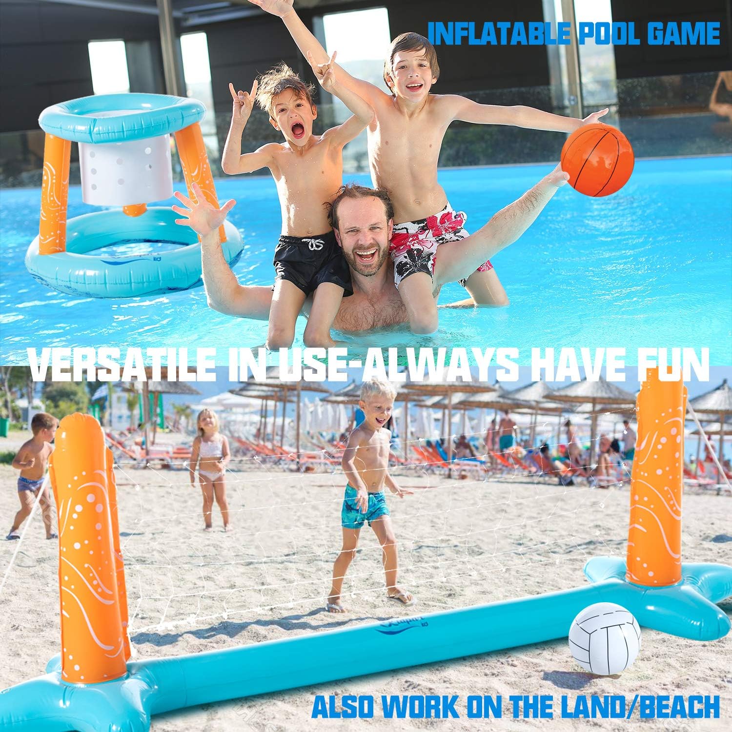 KIDPAR Inflatable Pool Float Set Volleyball Game and Basketball Hoops with 2 Balls Kids and Adults Swimming Game Toy, Floating, Summer Floaties, Volleyball Court (105”x28”x35”)Basketball (27”x23”x27”): Toys & Games