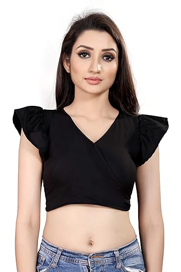 Fressa Fabrics Women's Black Crepe Wrap Saree Blouse