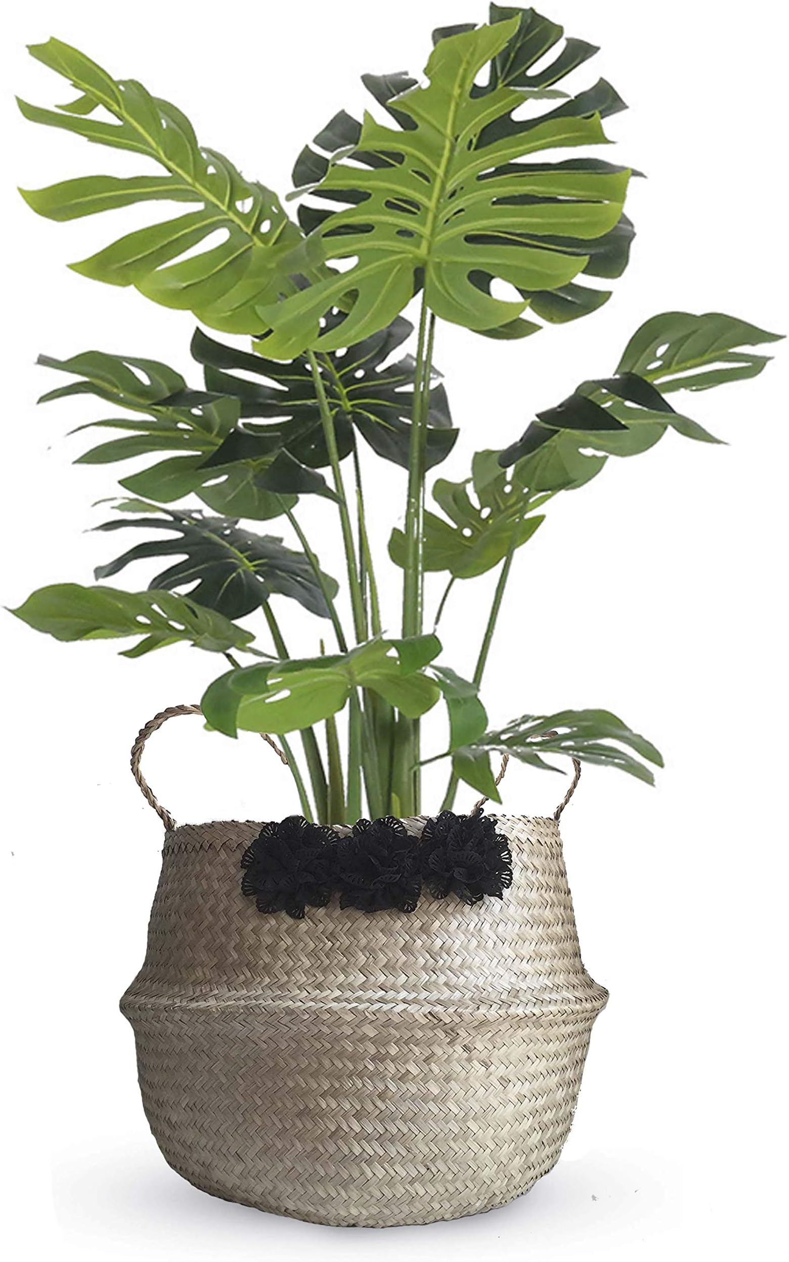 Cocoboo - Black Flower Seagrass Belly Basket, Storage, Laundry basket, Handmade, Lightweight, Foldable (16 x 14 inches) X-Large