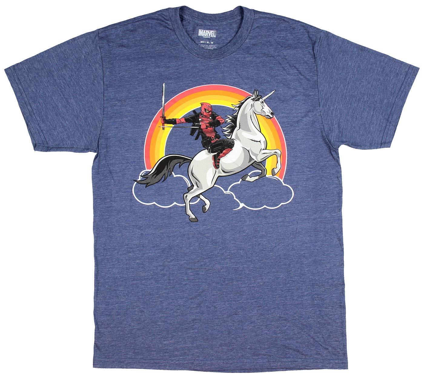 Marvel Comics Deadpool Shirt Deadpool Riding Unicorn Under Rainbow And Clouds Adult Men's Shirt