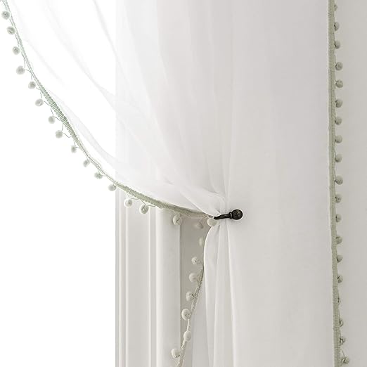 Amazon Com Selectex Linen Look Pom Pom Tasseled Sheer Curtains