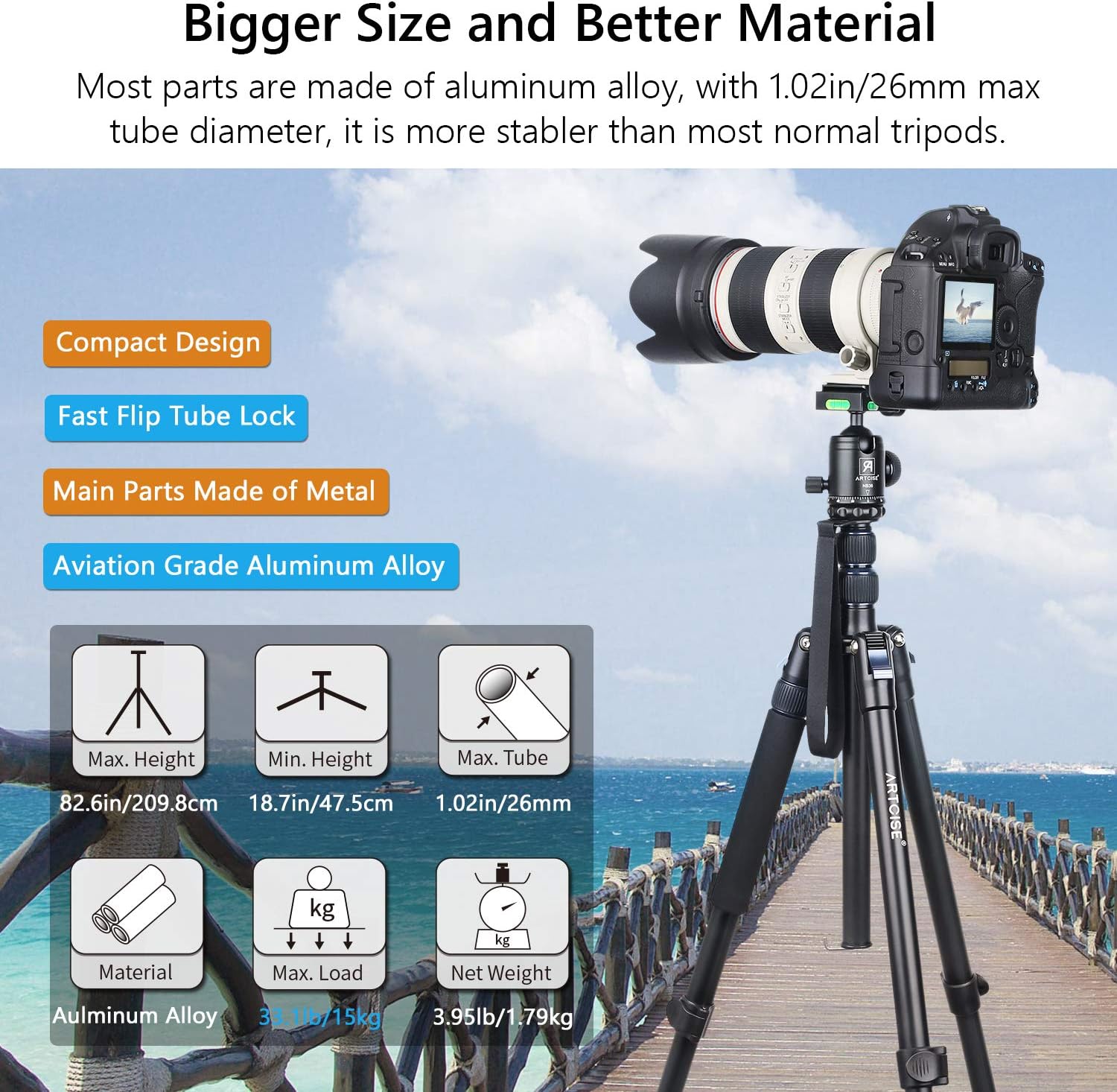 Camera Tripod Monopod 82.6 inch ARTCISE AF30 Professional Aluminum Alloy Ultrahigh Travel Tripod with CNC Ball Head and Center Column for DSLR Camera, Max Load 33.1lbs/15kg - Image 3