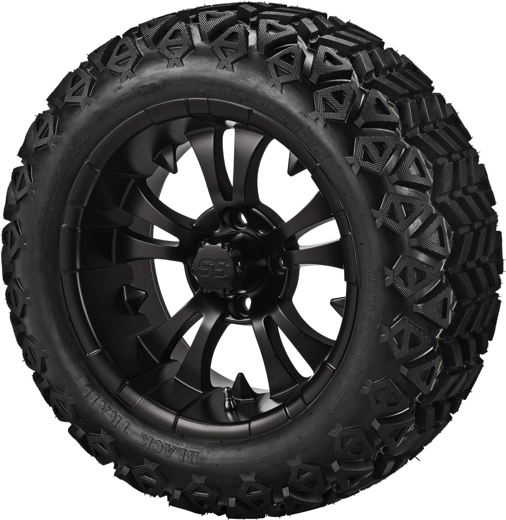 14" VAMPIRE Matte Black Aluminum Wheels and 23x10-14" DOT All Terrain Golf Cart Tires Combo - Set of 4 (New Style 5-Spoke Vampire!)