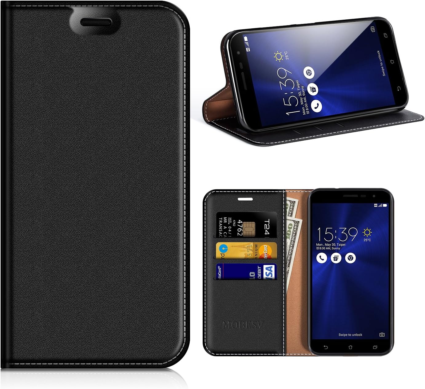 MOBESV Asus Zenfone 3 ZE552KL Wallet Case, Zenfone 3 ZE552KL Leather Case/Phone Flip Book Cover/Viewing Stand/Card Holder for Asus Zenfone 3 ZE552KL, Black