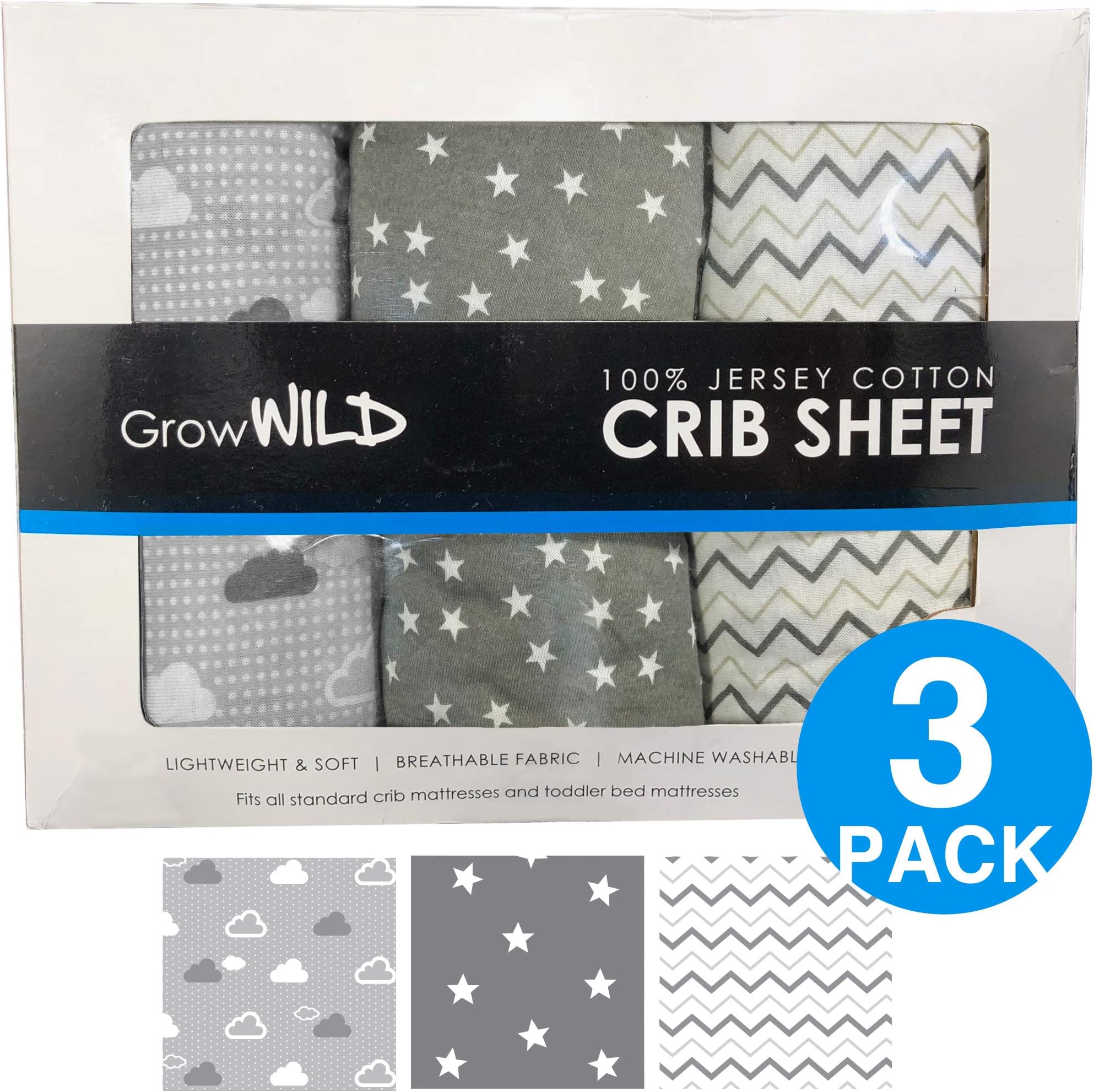 Premium Crib Sheets 3 Pack | 100% Cotton, Jersey Soft | Boy or Girl Baby or Toddler Mattress | Grey Clouds, Stars, Chevron