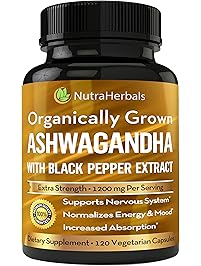 Organic Ashwagandha Root Powder 1200mg - 120 Veggie Capsules - Ashwaganda Supplement &ndash; Black Pepper Extract For Increased Absorption