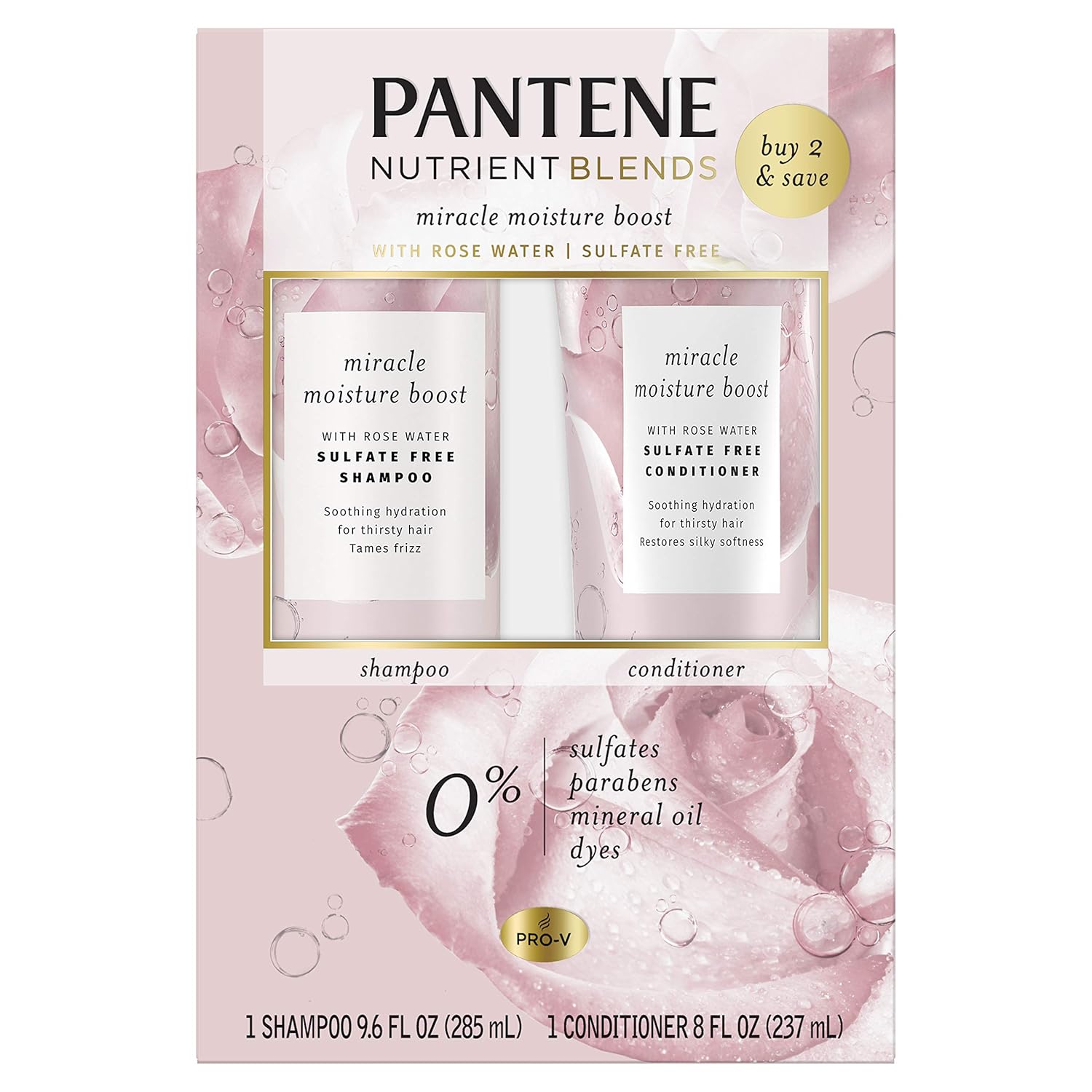 Pantene Nutrient Blends Miracle Moisture Boost Rose Water Shampoo And Conditioner Dual Pack For Dry Hair, Sulfate Free