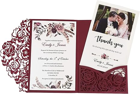 Amazon Com Dorishome 4 7x7 Inch 50pcs Blank Burgundy Wedding Invitations Kits Laser Cut Hollow Rose Pocket Wedding Invitations With Envelopes For Wedding Bridal Shower Engagement Invite Kitchen Dining