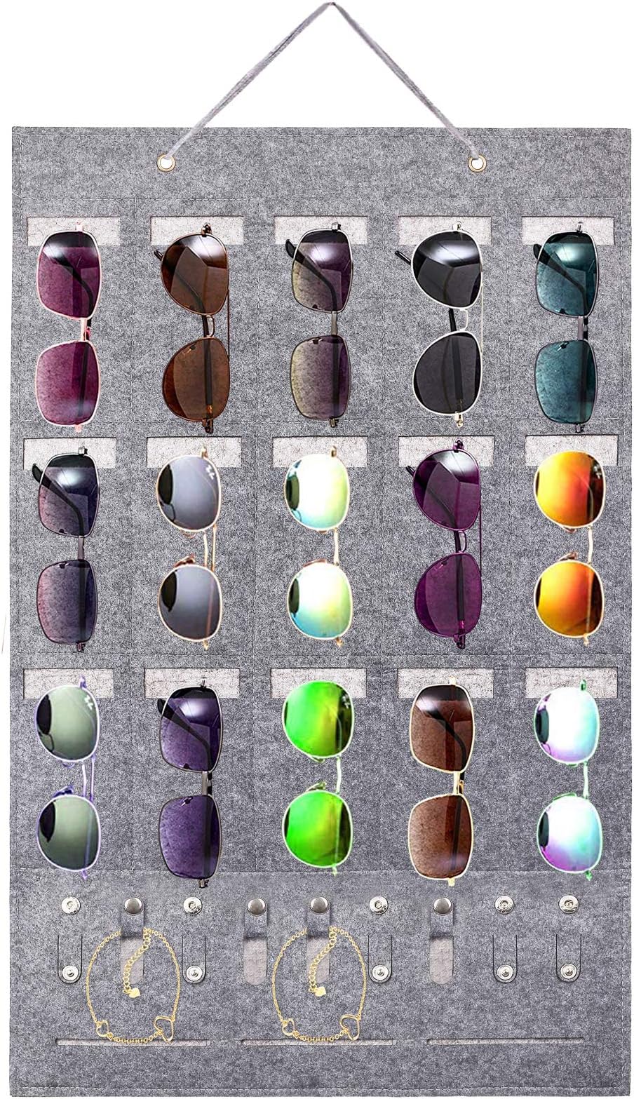 GXOEEGOF Hanging Organizer for Sunglasses Storage and Eyewear Display, Eyeglasses Holder with 15 Slots 9 Hooks (Felt, Grey