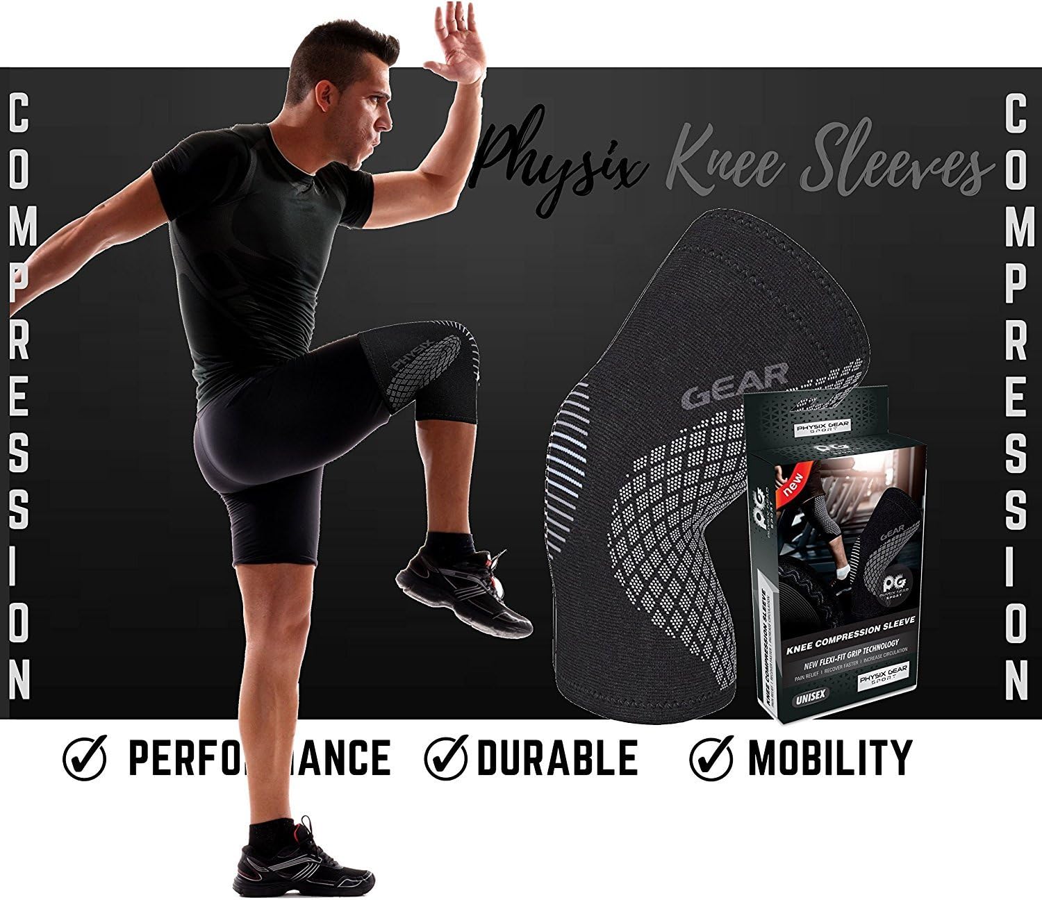 Physix Gear Knee Support Brace - Premium Recovery & Compression Sleeve For Meniscus Tear, ACL, MCL Running & Arthritis - Best Neoprene Stabilizer Wrap for Crossfit, Squats & Workouts - For Men & Women: Sports & Outdoors