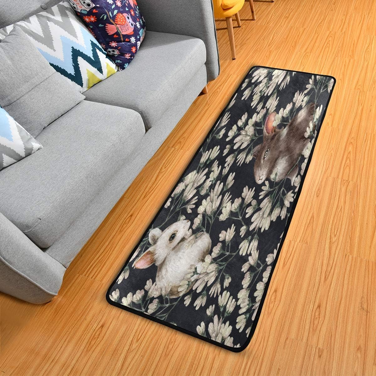 ALINLO Floor Mat Bunny Rabbit With Floral,Non Slip Runner Rug For