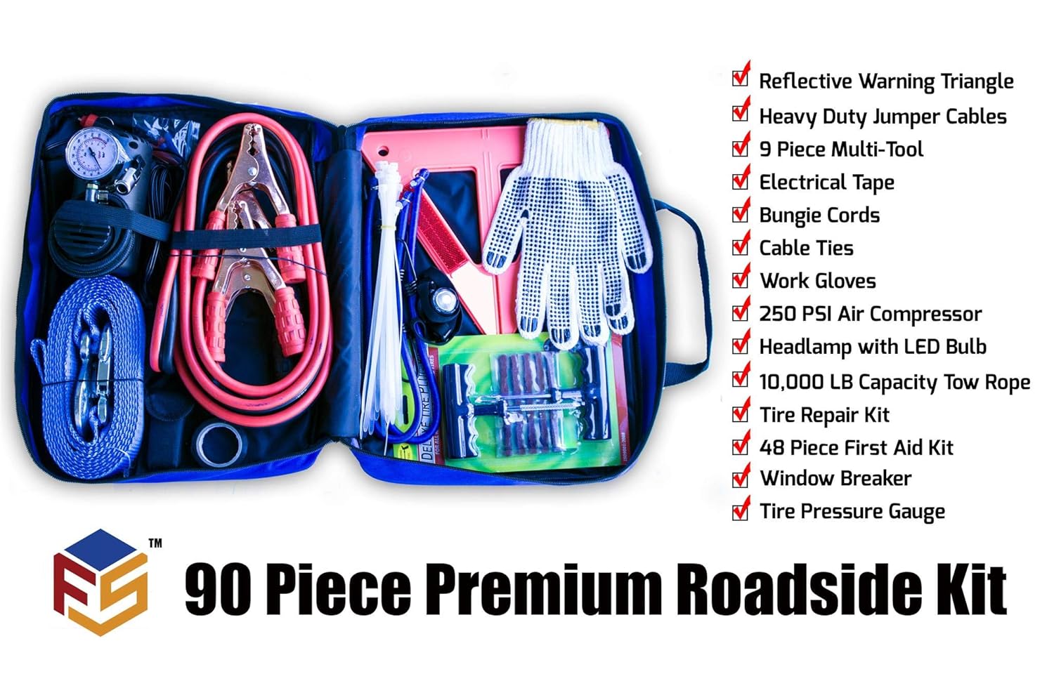 First Secure 90Piece Car Emergency Kit with Roadside Assistance Jumper Cables Portable Air