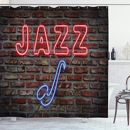 Amazon Com Ambesonne Music Shower Curtain Image Of Alluring Neon All Jazz Sign With Saxophone Instrument On Brick Wall Print Cloth Fabric Bathroom Decor Set With Hooks 70 Long Red Blue Home