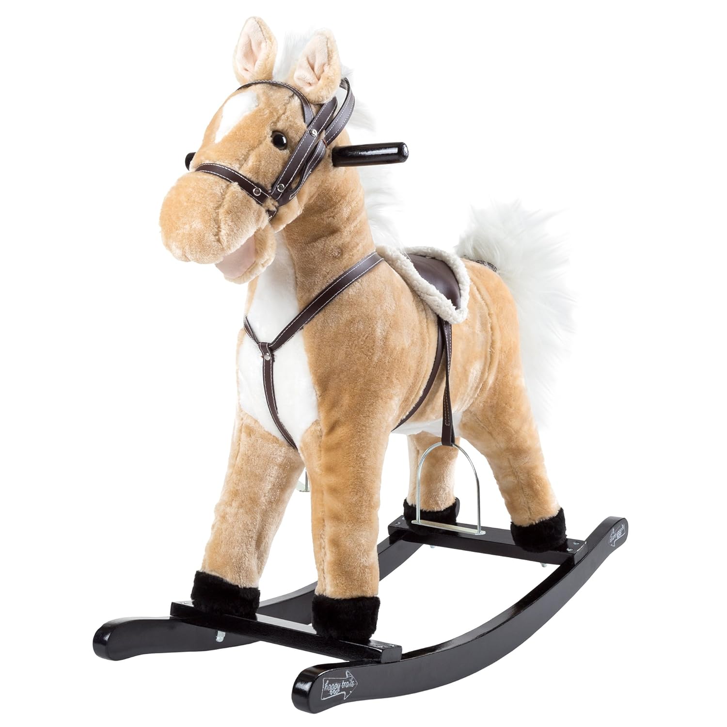 Happy Trails Rocking Horse Plush Animal on Wooden Rockers with Sounds, Stirrups, Saddle & Reins