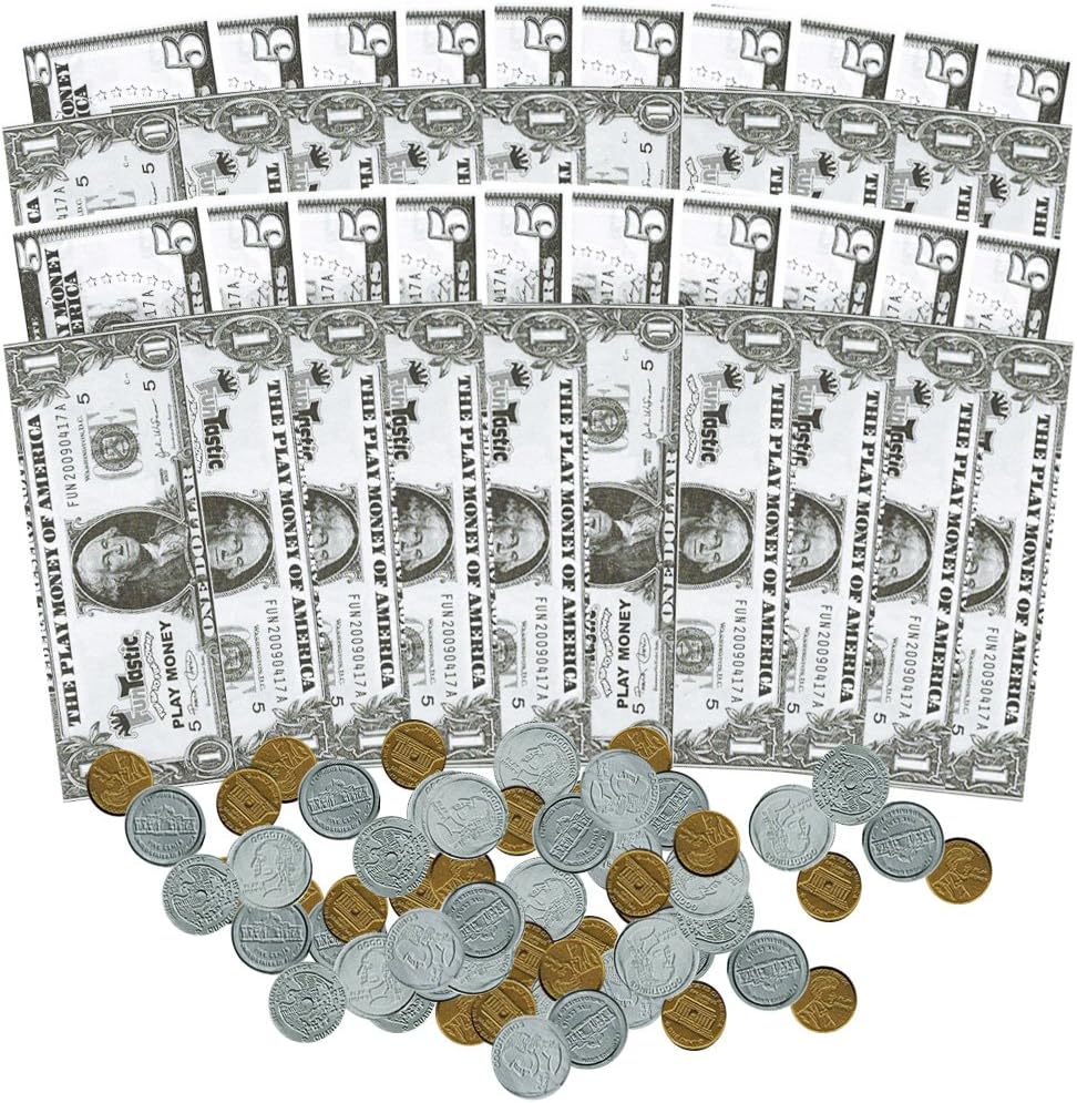Play Money Bank Set For Kids, 240 Pc -- 160 Bills and 80 Coins (4 Individually Wrapped Mini Money Party Packs)