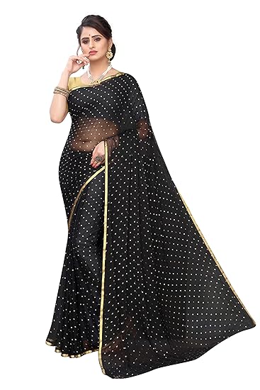 chiffon with blouse piece Saree (BUNDI BLACK Free Size)