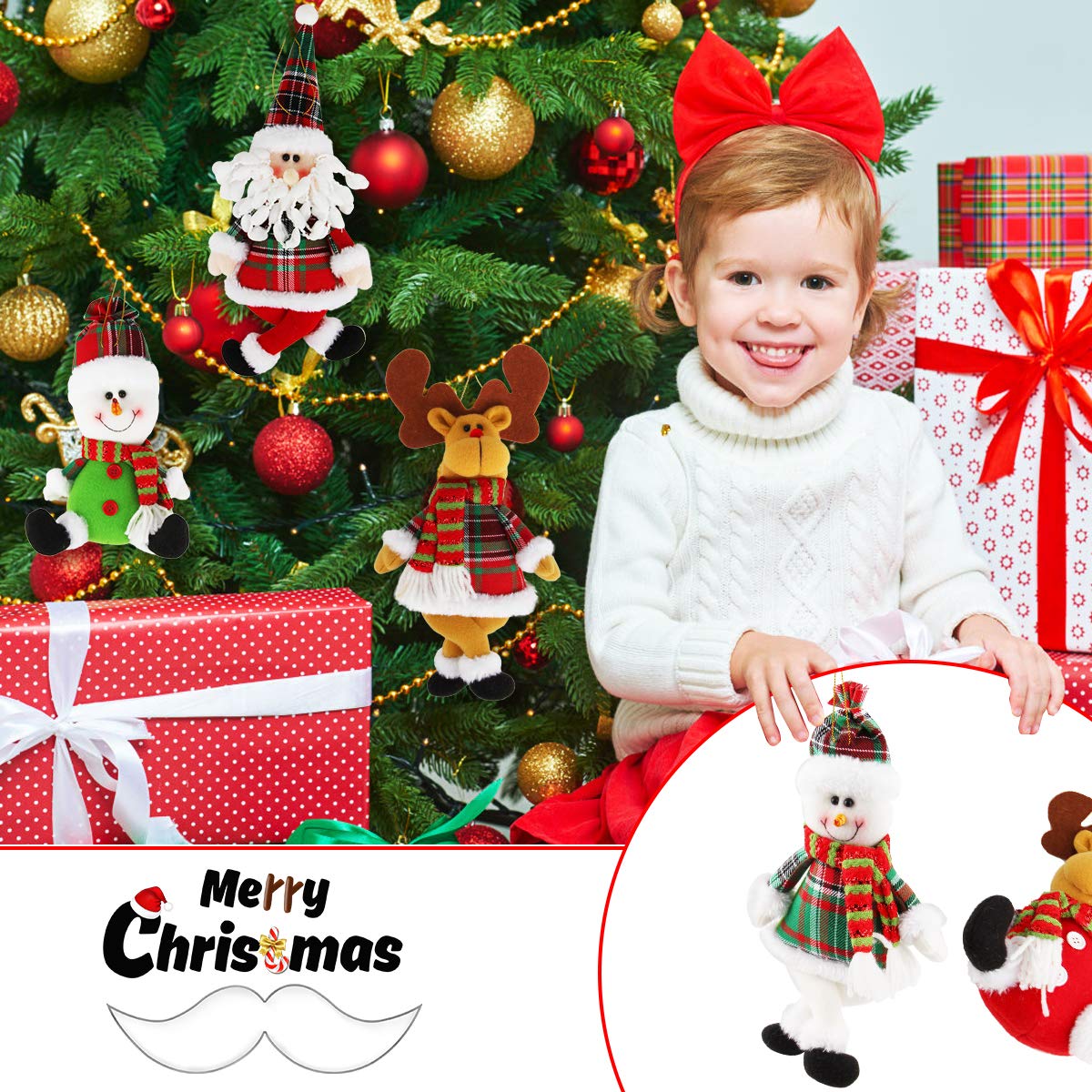 Dreampark Christmas Tree Ornaments, 6 Pack Xmas Plush Hanging Ornaments Holiday Party Decor Festive Season Pendant - Santa/Snowman/Reindeer Ornaments for Christmas Tree Decorations