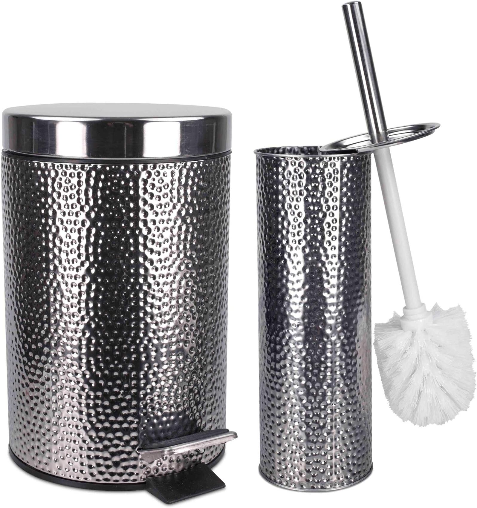 Elaine Karen Deluxe 2 pc Toilet Brush and Garbage Can Set - Hammered Stainless Steel