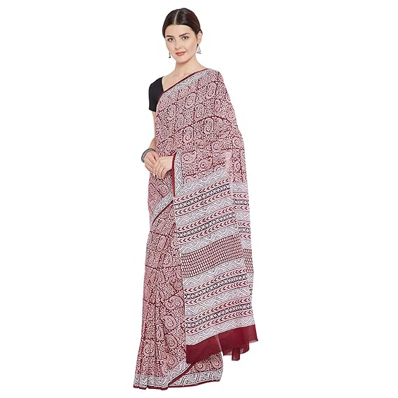 Finest Quality Cotton - Handmade Bagh print Red and Black- Block Print Saree with Blouse Piece BAPASA0061